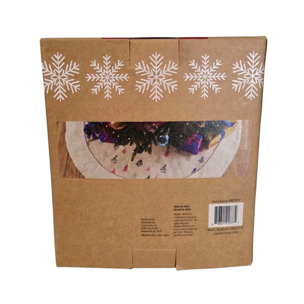 Allen + Roth Christmas Tree Skirt NIB Quaint Tree Design Linen Feel & Fluffy Fur